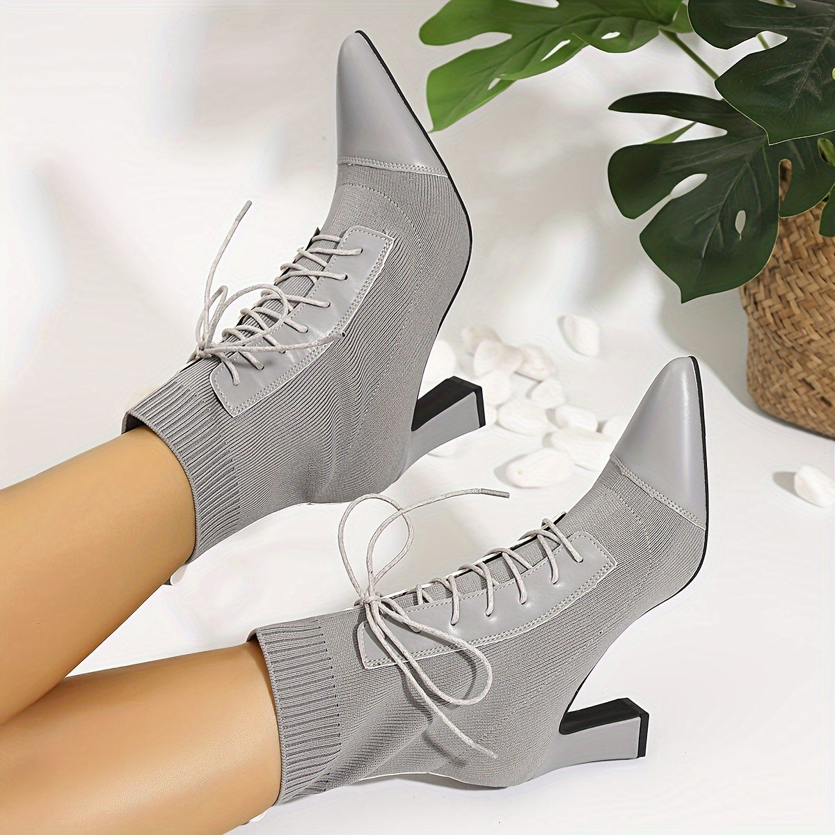 Women's Grey Ankle Boots with Pointed Toes and Chunky Heels