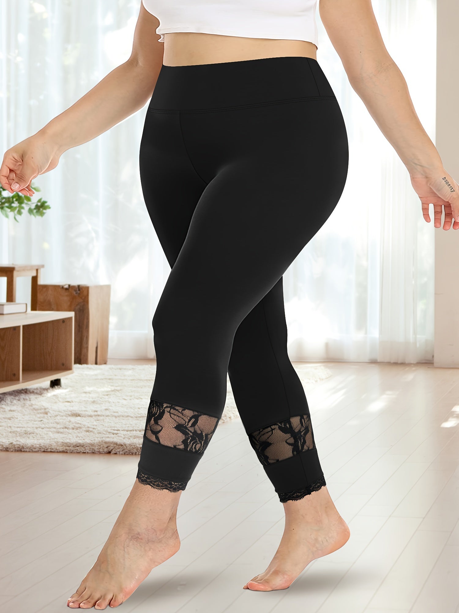 Women's Plus Size High-Waist Stretchable Floral Mesh Pants for Summer Spring Fall