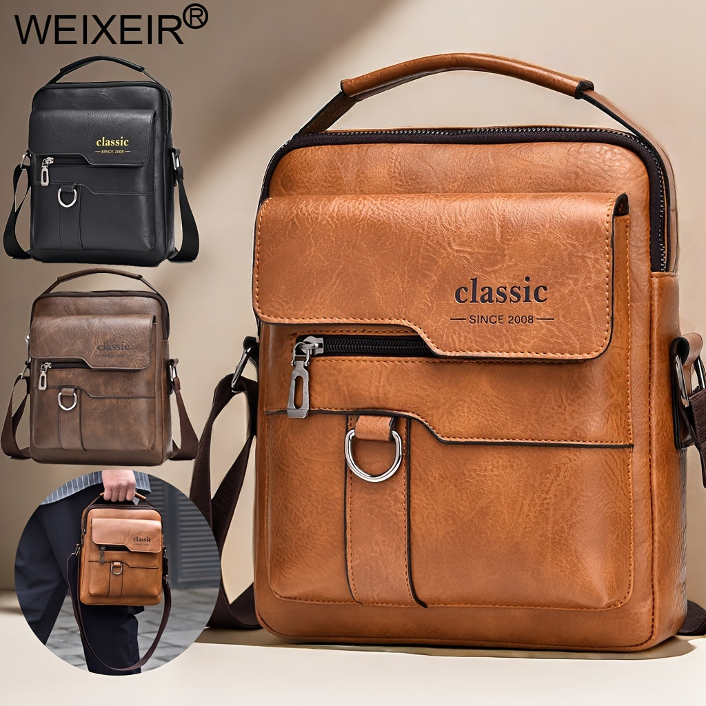 Men's Water-Resistant PU Crossbody Bag with Large Capacity Vintage Vertical Business Casual Style