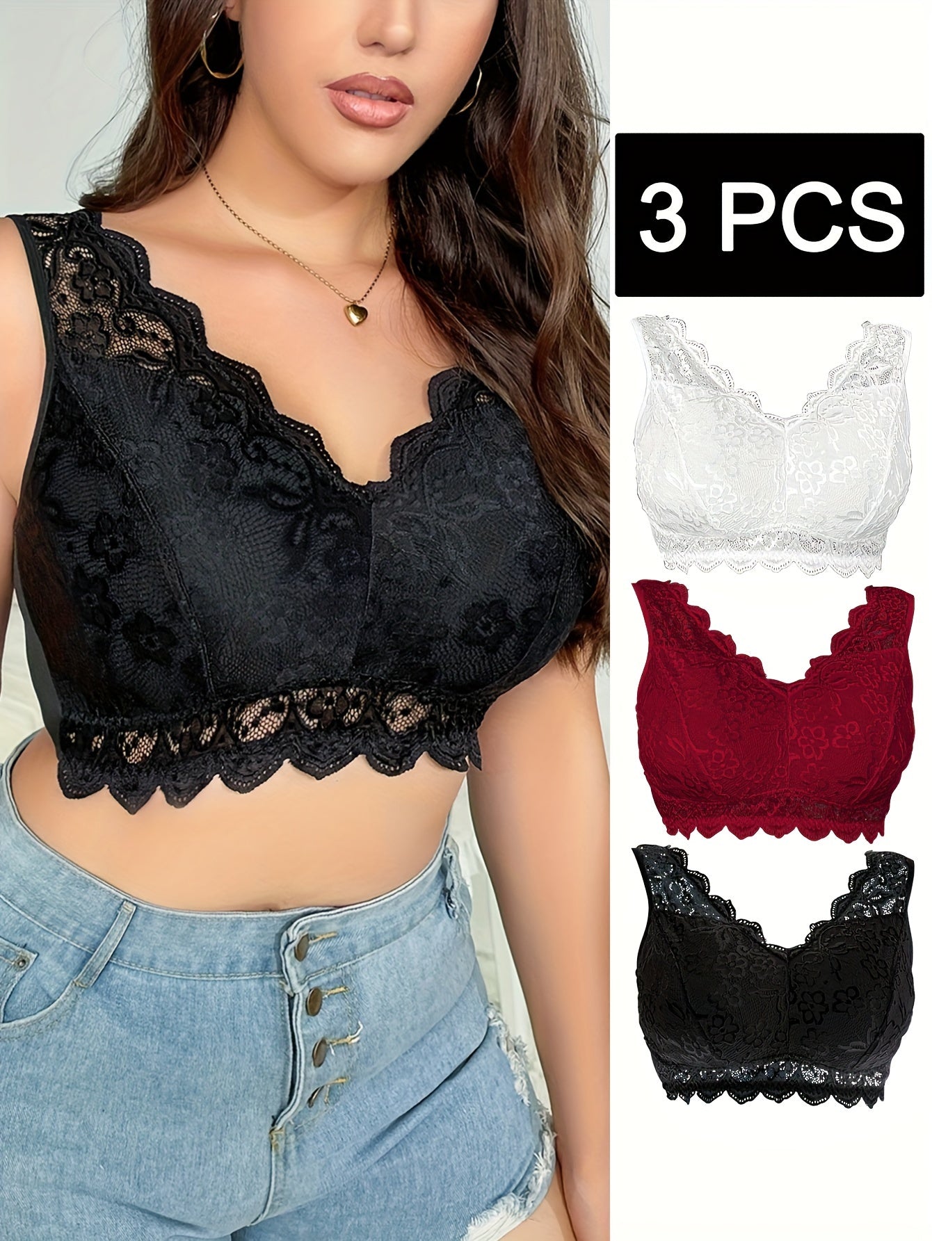 Женский бесшовный топ-бра с цветочным кружевом и беспроводной конструкцией, большой размер, V-образный вырез, сетчатая ткань