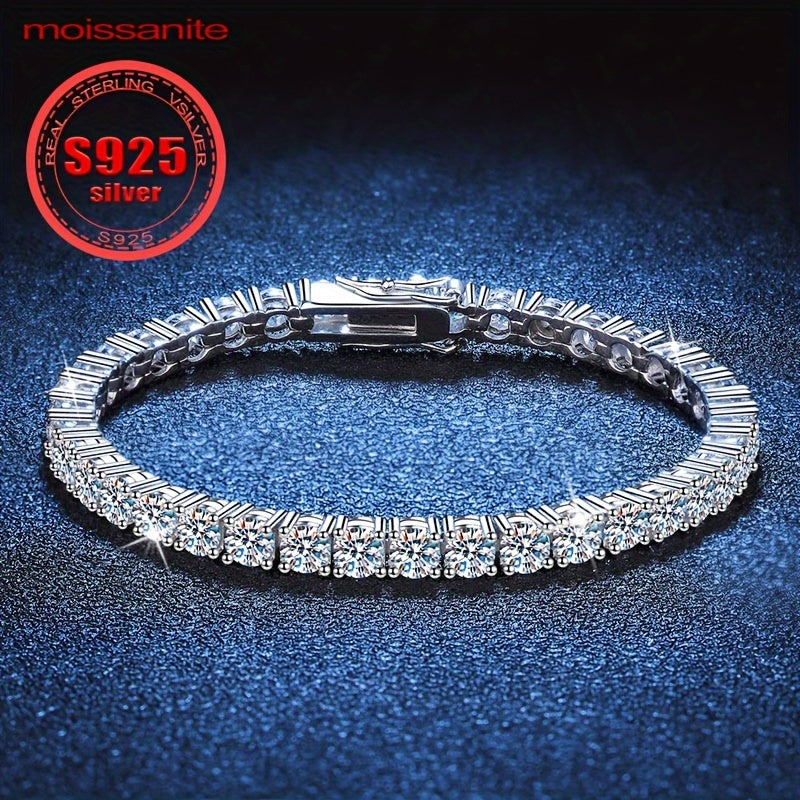 S925 Sterling Silver Moissanite Tennis Bilaguzuk, to'liq qator hashamatli va nafis uslubdagi Moissanite toshlari bilan. Ayollar uchun mukammal zargarlik sovg'asi.