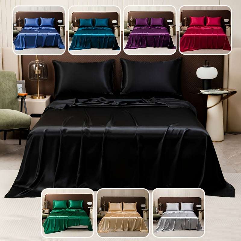 Juego de sábanas de satén de 3 piezas con fundas de almohada, transpirable, suave, de color sólido, para todas las estaciones