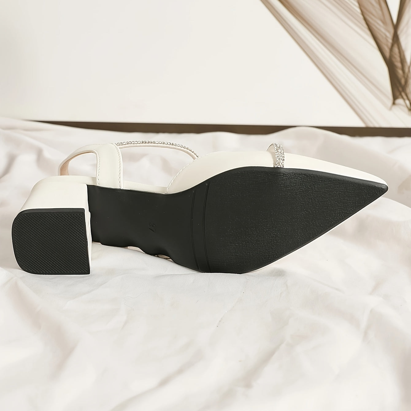 Women's Chunky Heel Sandals with Pointed Toe Rhinestone Accents Faux Leather All-Season