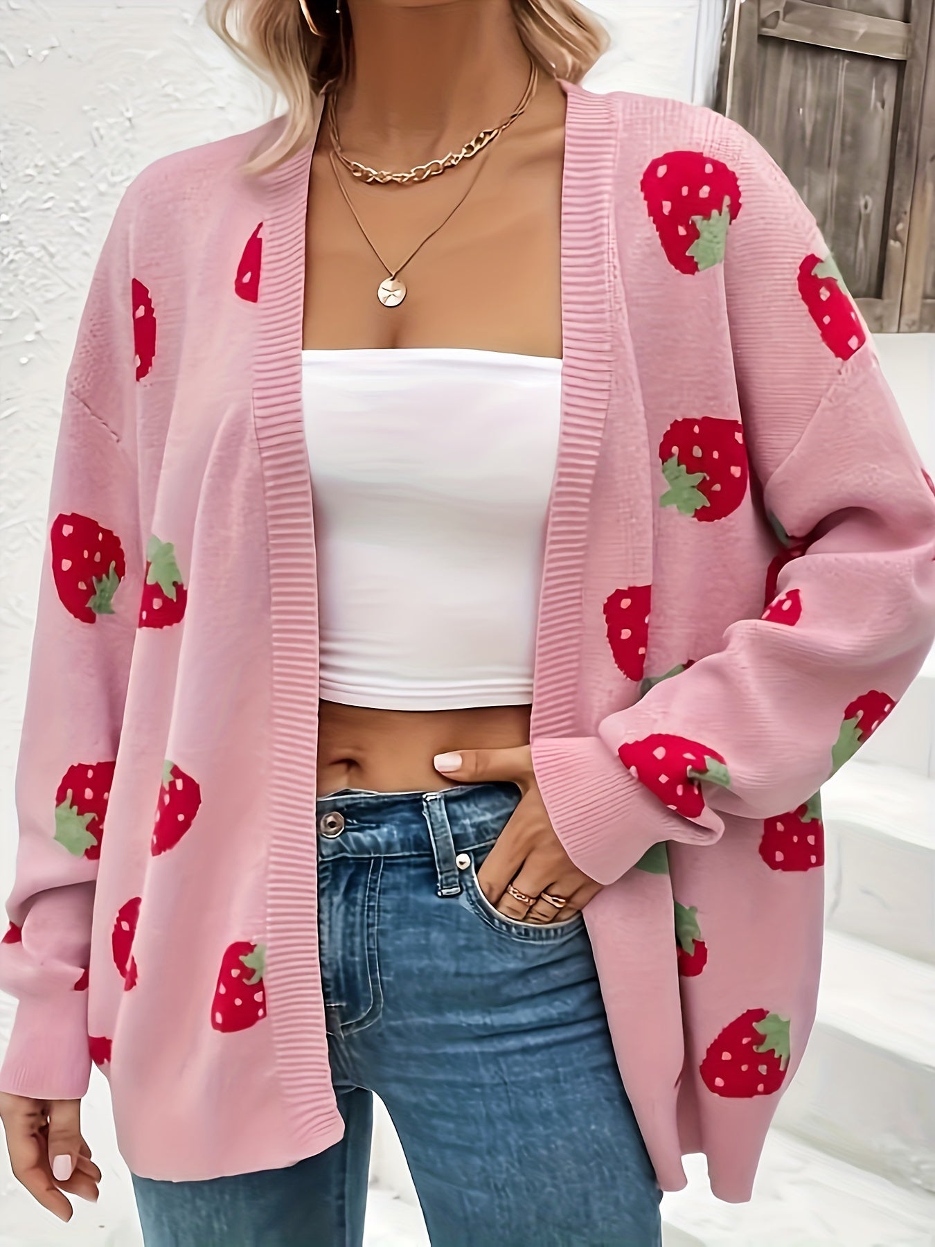 Women’s Long Sleeve Cardigan with Strawberry Prints Oversized Sweater