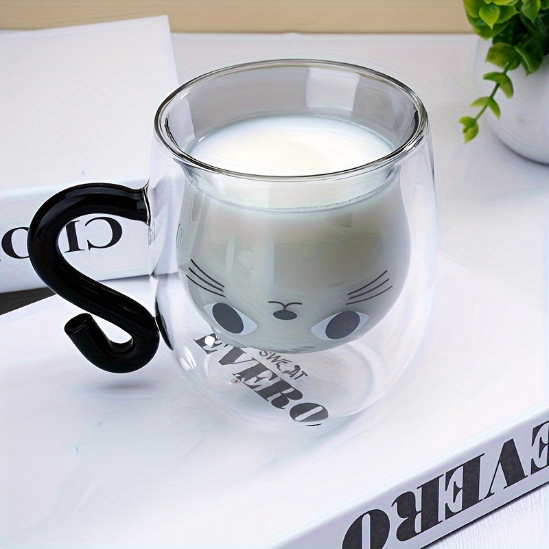 Стеклянная кофейная кружка с двойными стенками и дизайном кота - многоразовая чашка для горячих и холодных напитков - идеальный подарок на день рождения или праздники.
