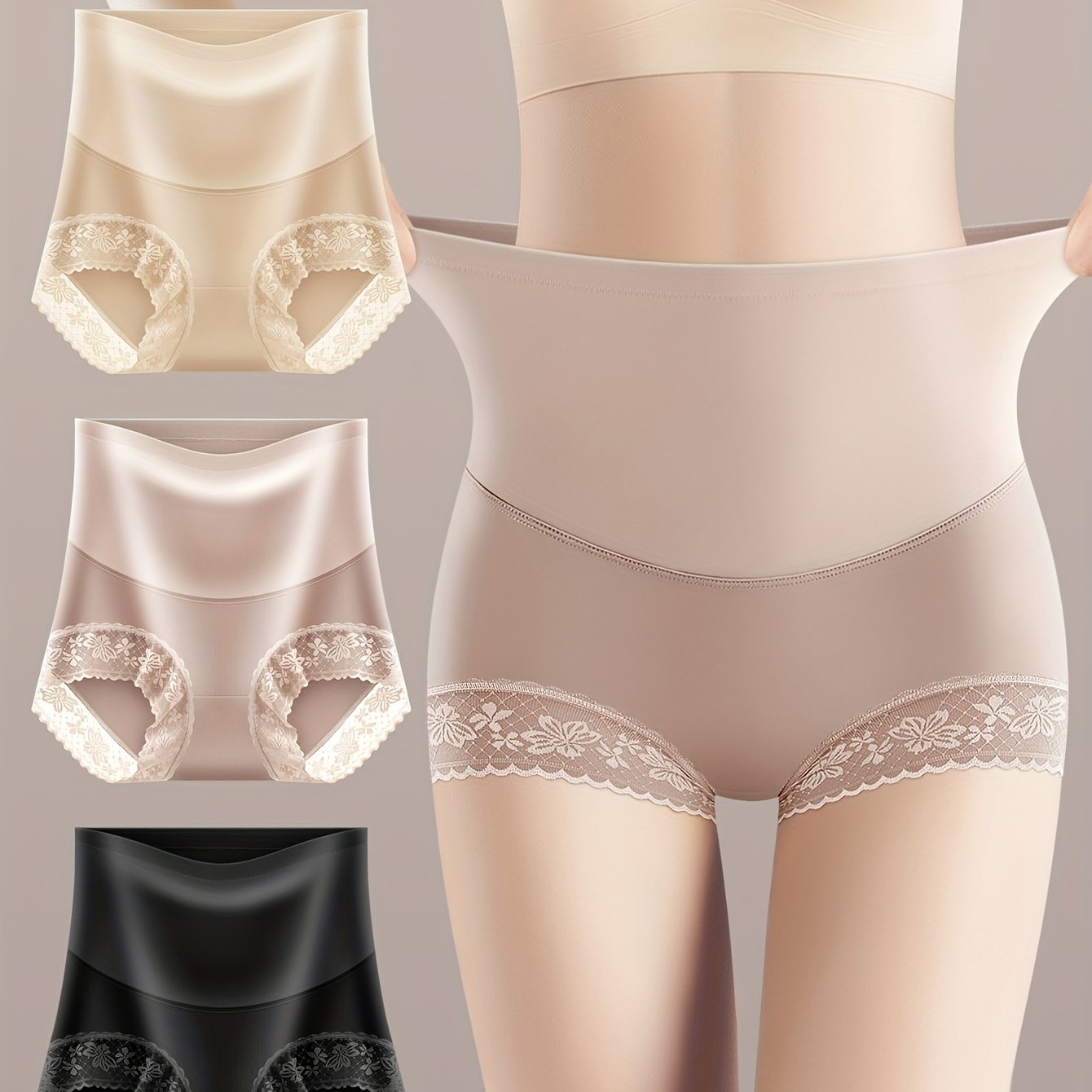 3-Pack nozik dantelli yuqori beldagi ayollar uchun ichki kiyimlar, 83% poliamid va 17% spandeks to'qimasi. Teriga do'stona, qorinni nazorat qilish va 230g/m² to'qima og'irligi.