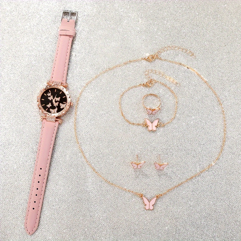 Women's Quartz Watch and Butterfly Jewelry Set with Round Dial and Faux Leather Strap