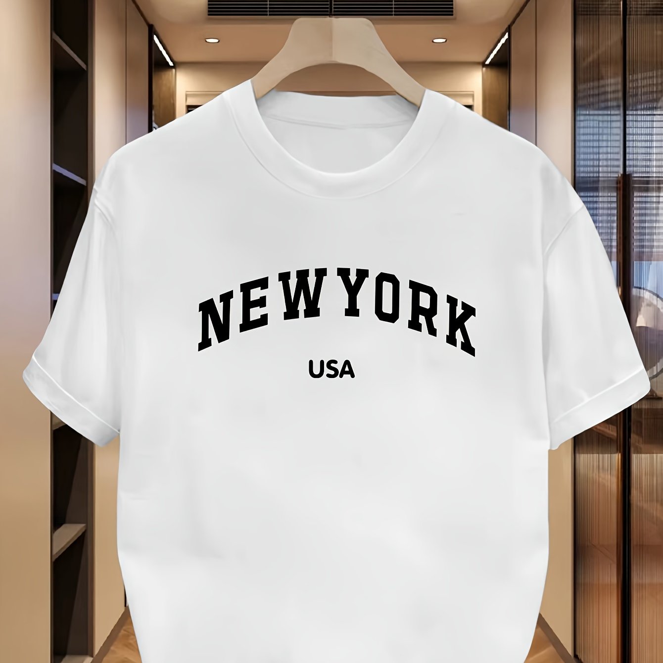 Camiseta de manga corta casual de verano para hombre con estampado de Nueva York, EE. UU., poliéster, elastano, ligero estiramiento, corte regular
