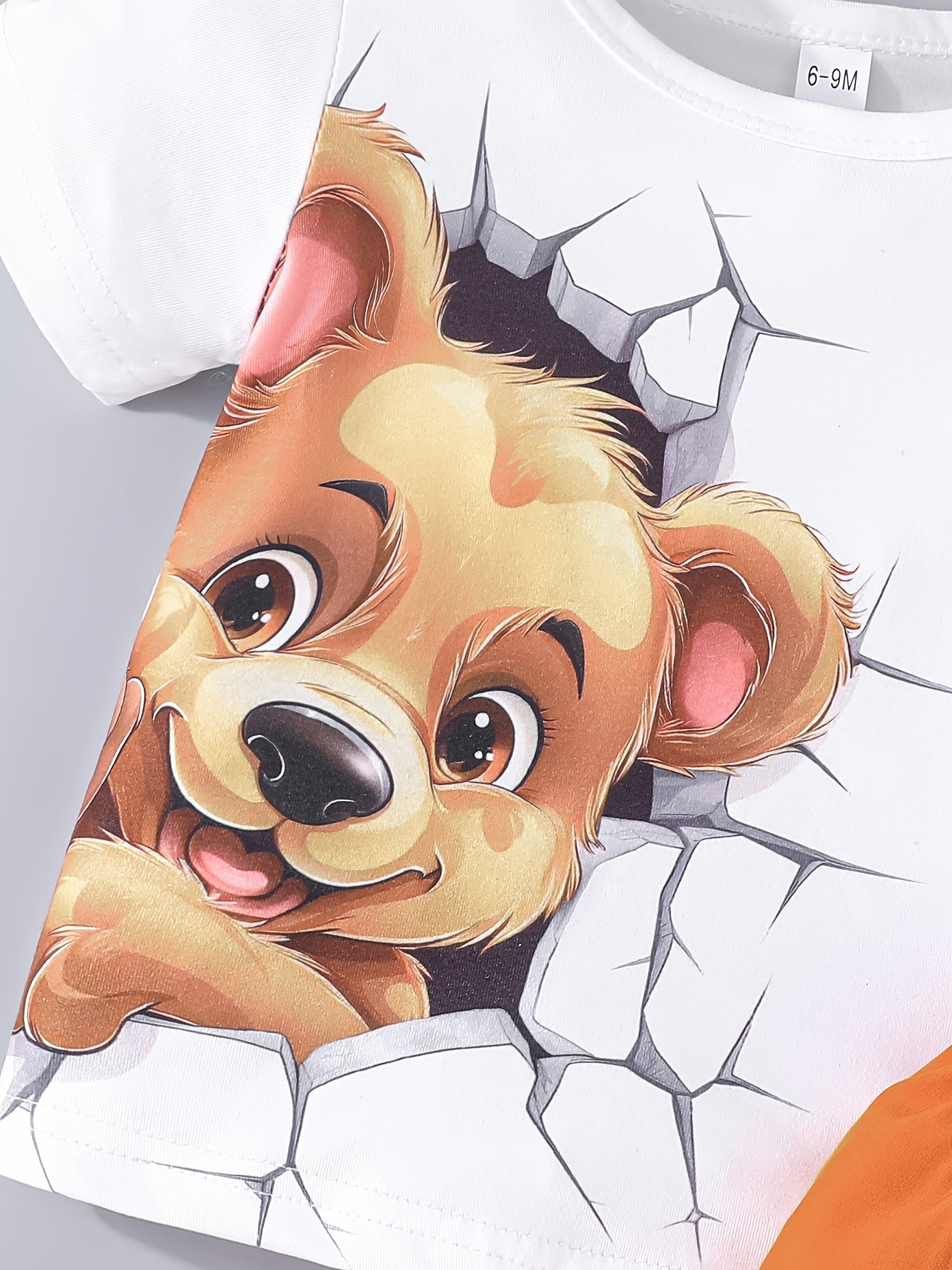 Boys' Spring Fall Cartoon Dog Print T-Shirt and Orange Shorts Outfit Set