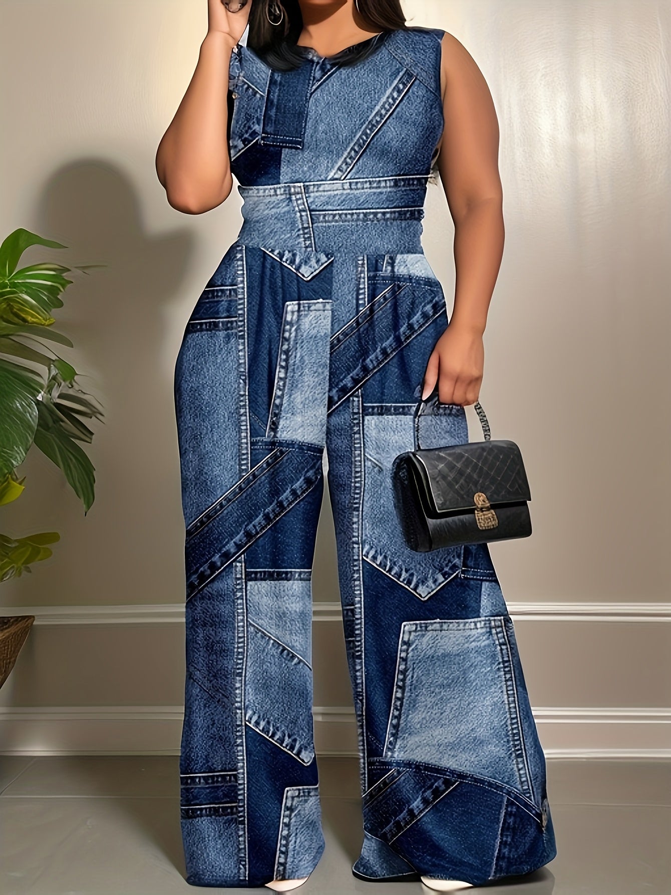 Mono sin mangas de talla grande para mujer con estampado de denim falso, estilo elegante