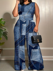 Mono sin mangas de talla grande para mujer con estampado de denim falso, estilo elegante
