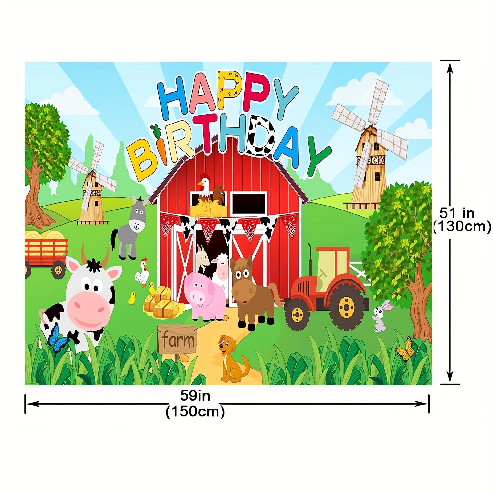 Large Farm Animal Birthday Party Backdrop Polyester Photo Background for Kids Celebrations 129x150cm