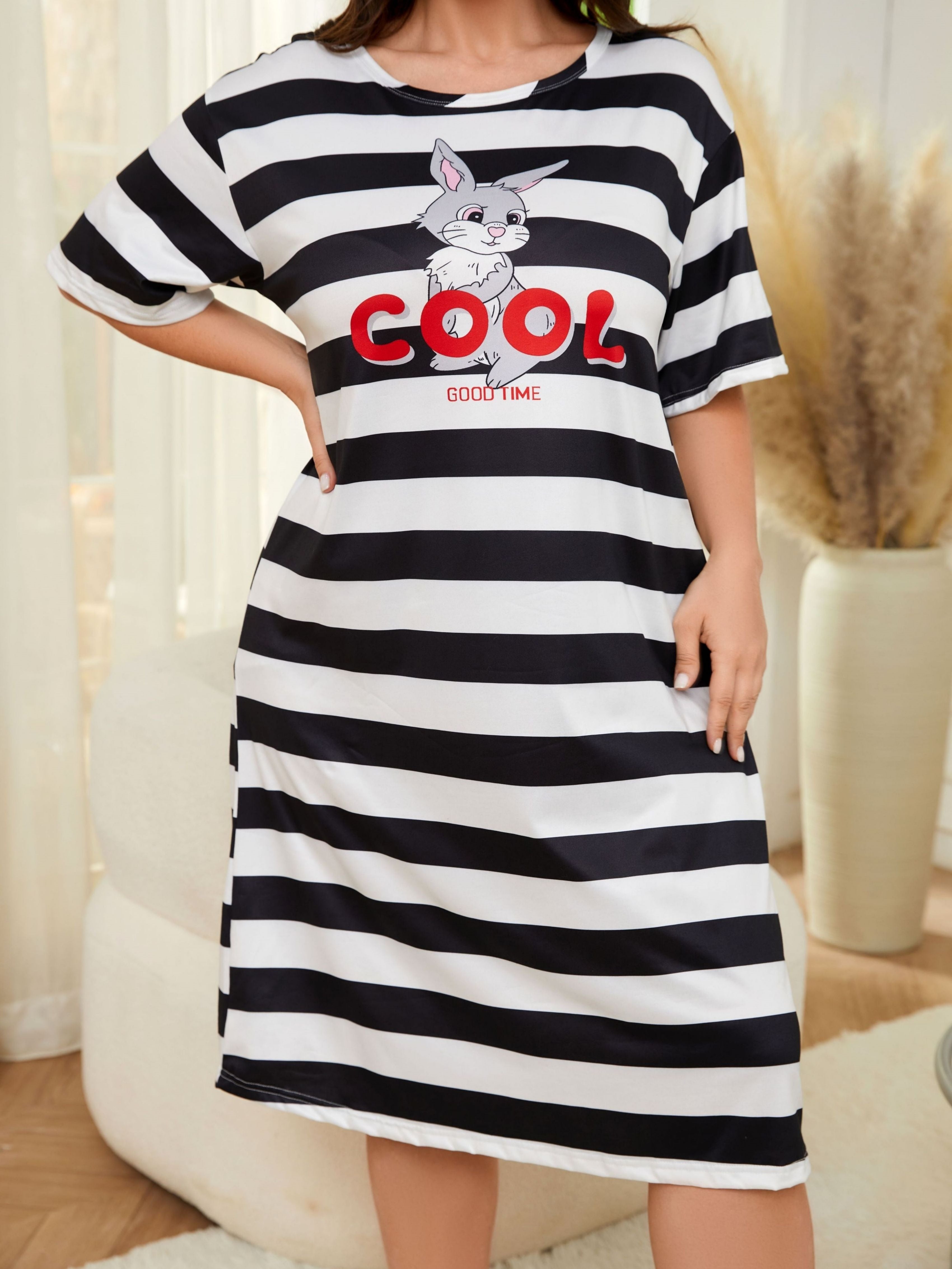 Plus Size Women's Casual Sleep Dress with Cartoon Bunny and Striped Short Sleeve Nightgown