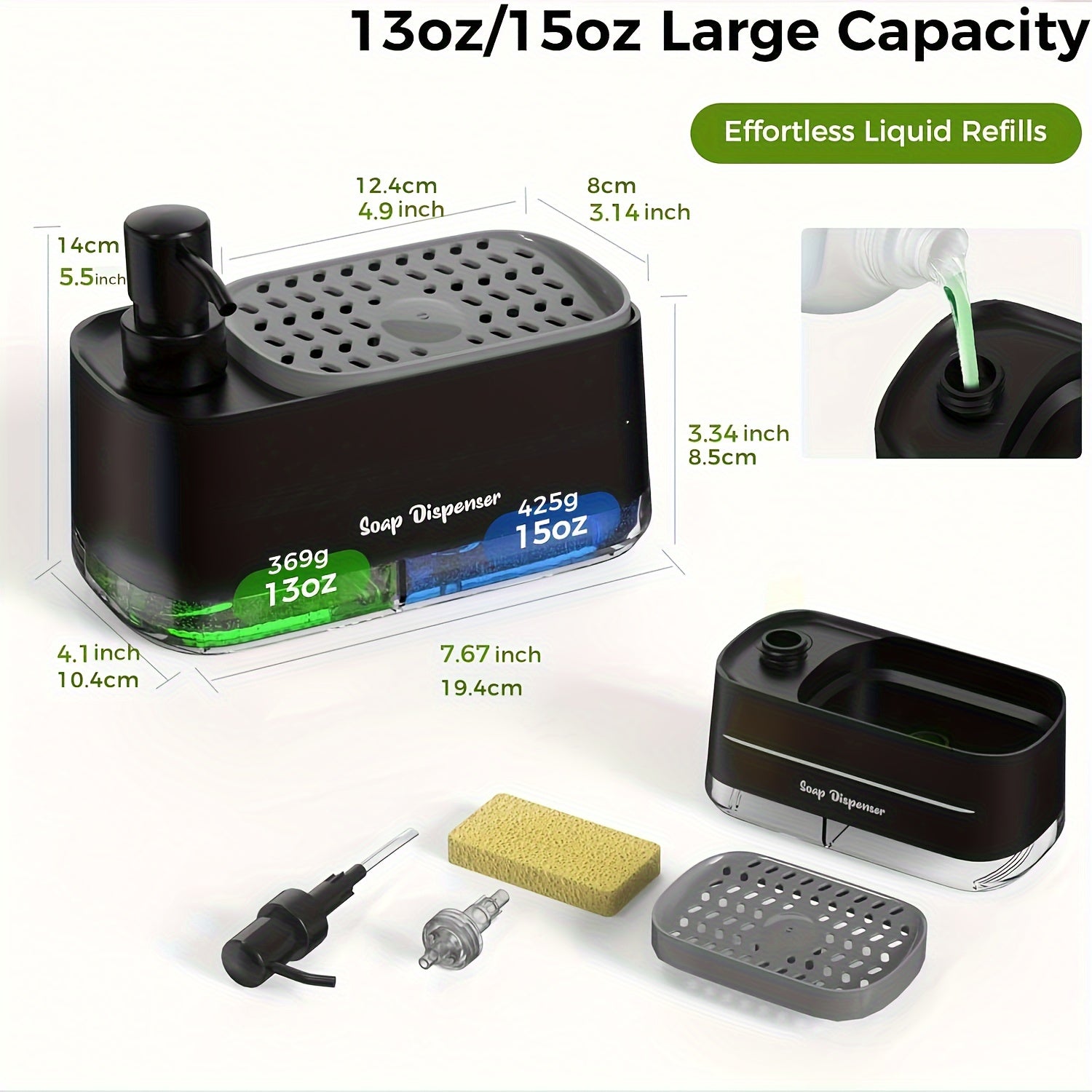 4-in-1 Soap Dispenser Set with Sponge Holder BPA-Free Plastic Leakproof Pumps Kitchen Bathroom