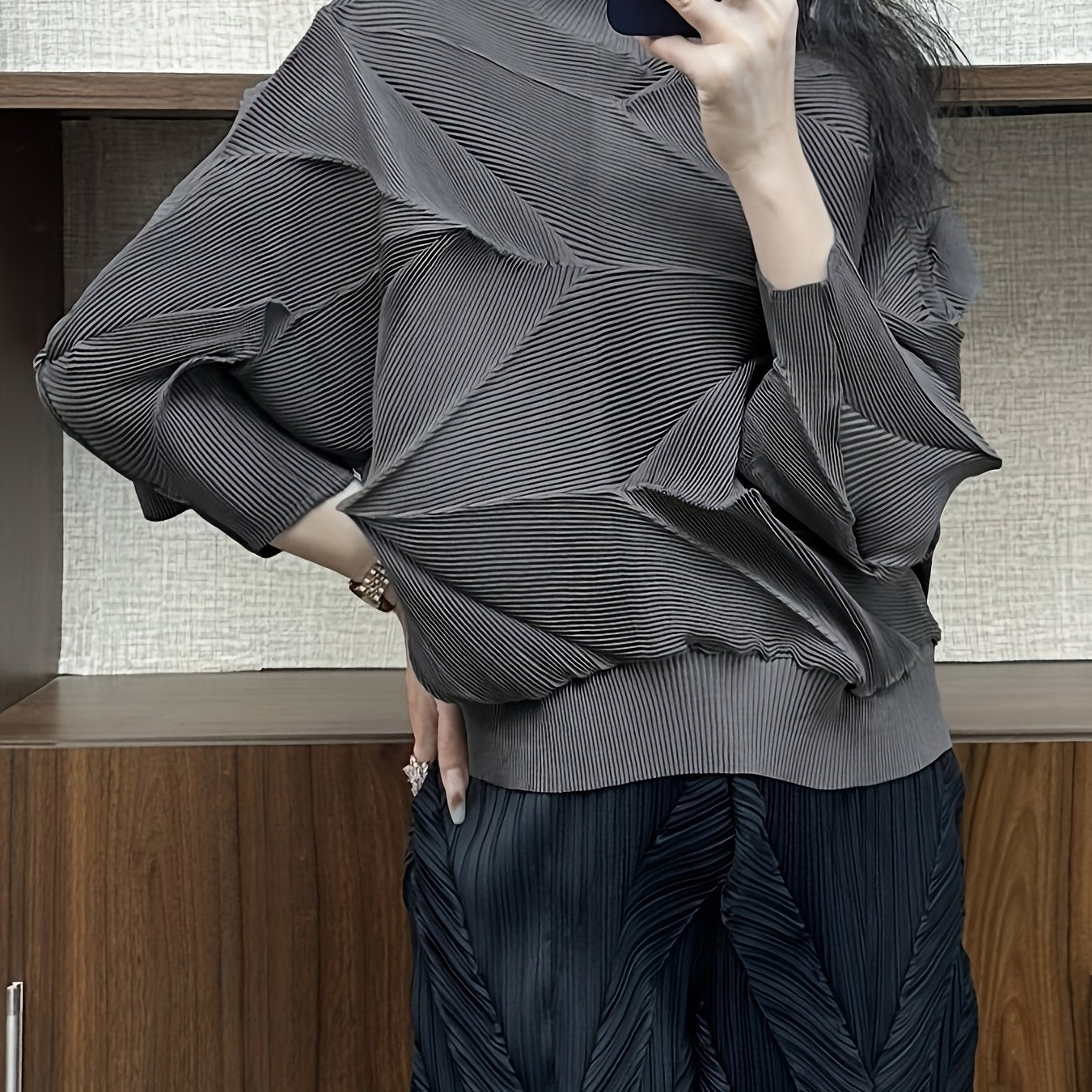 Plus Size Loose Fit Diamond Pleated Top Stylish Casual Clothing