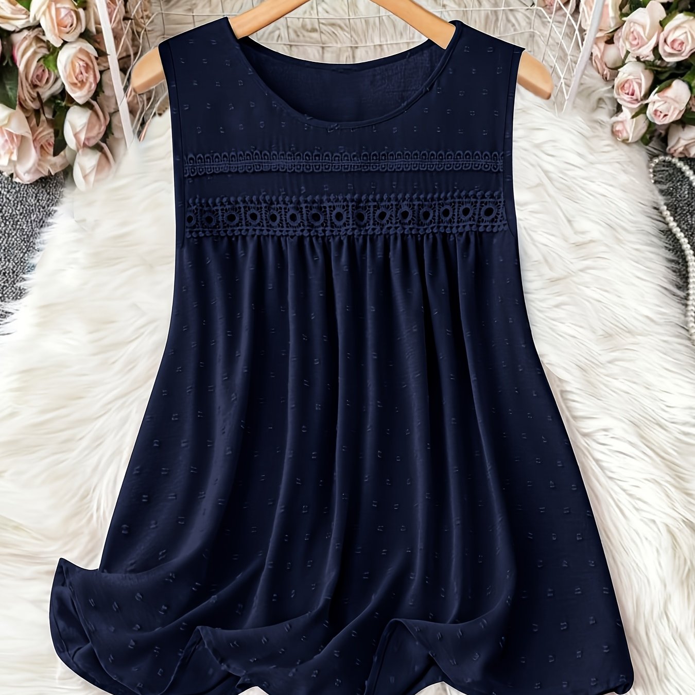 Топ без рукавов женский с кружевной отделкой больших размеров, темно-синий, дышащий, для всех сезонов