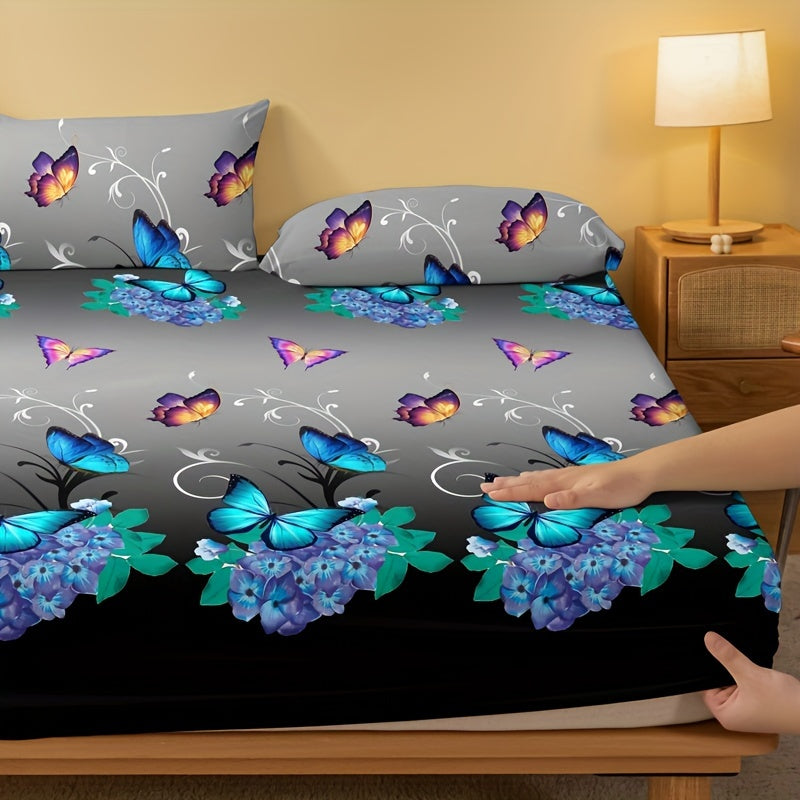 Butterfly Floral Print Fitted Sheet Soft Cozy Bedding Deep Pocket Mattress Protector