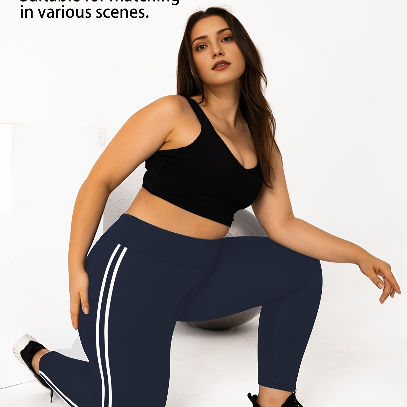 Women's Plus Size High-Waisted Cropped Leggings with Side Stripes Black Blue