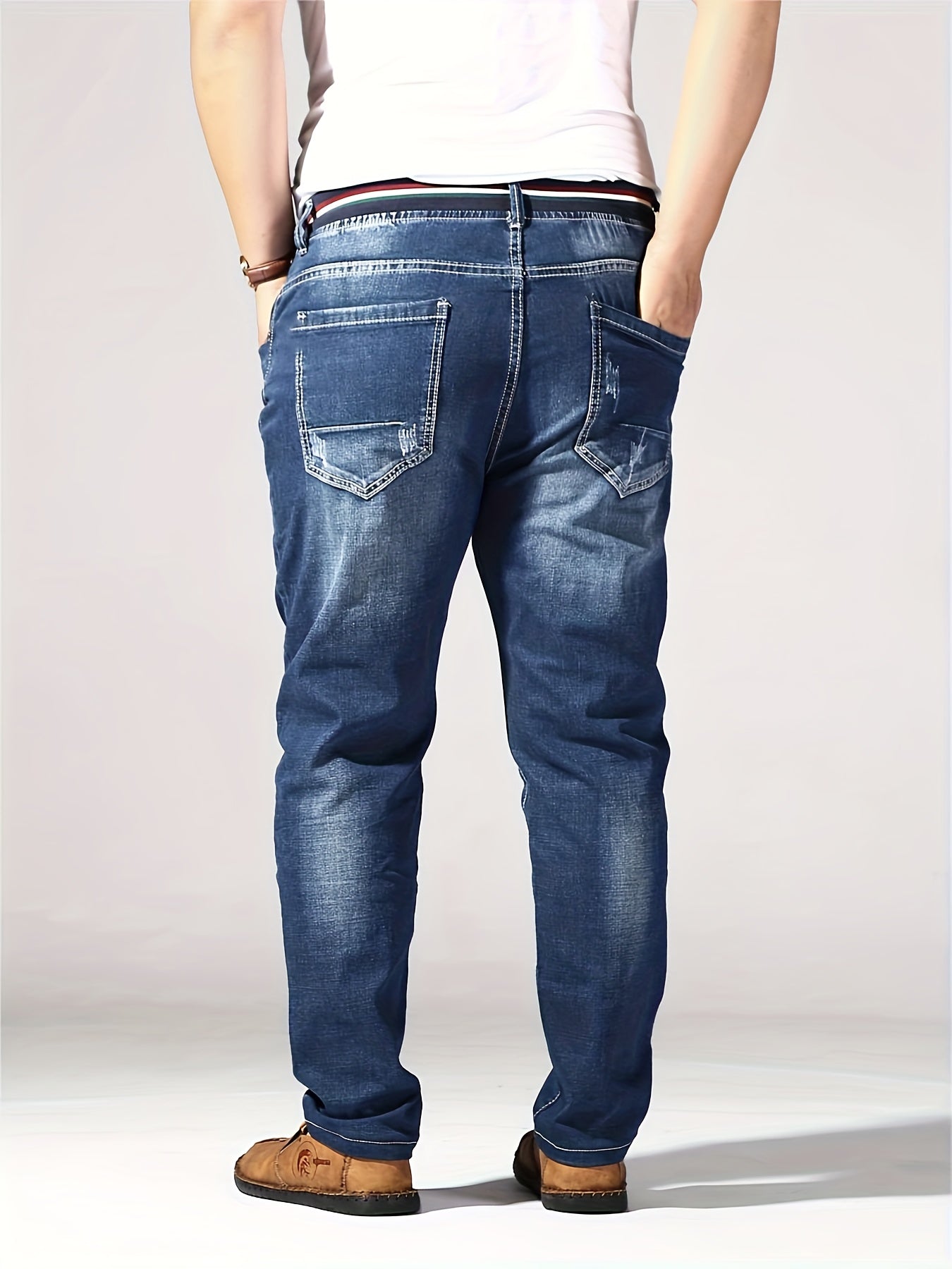 Plus Size Men's Slim Fit Jeans with Stretch Cotton Blend Ribbed Waistband Belt All-Season Denim