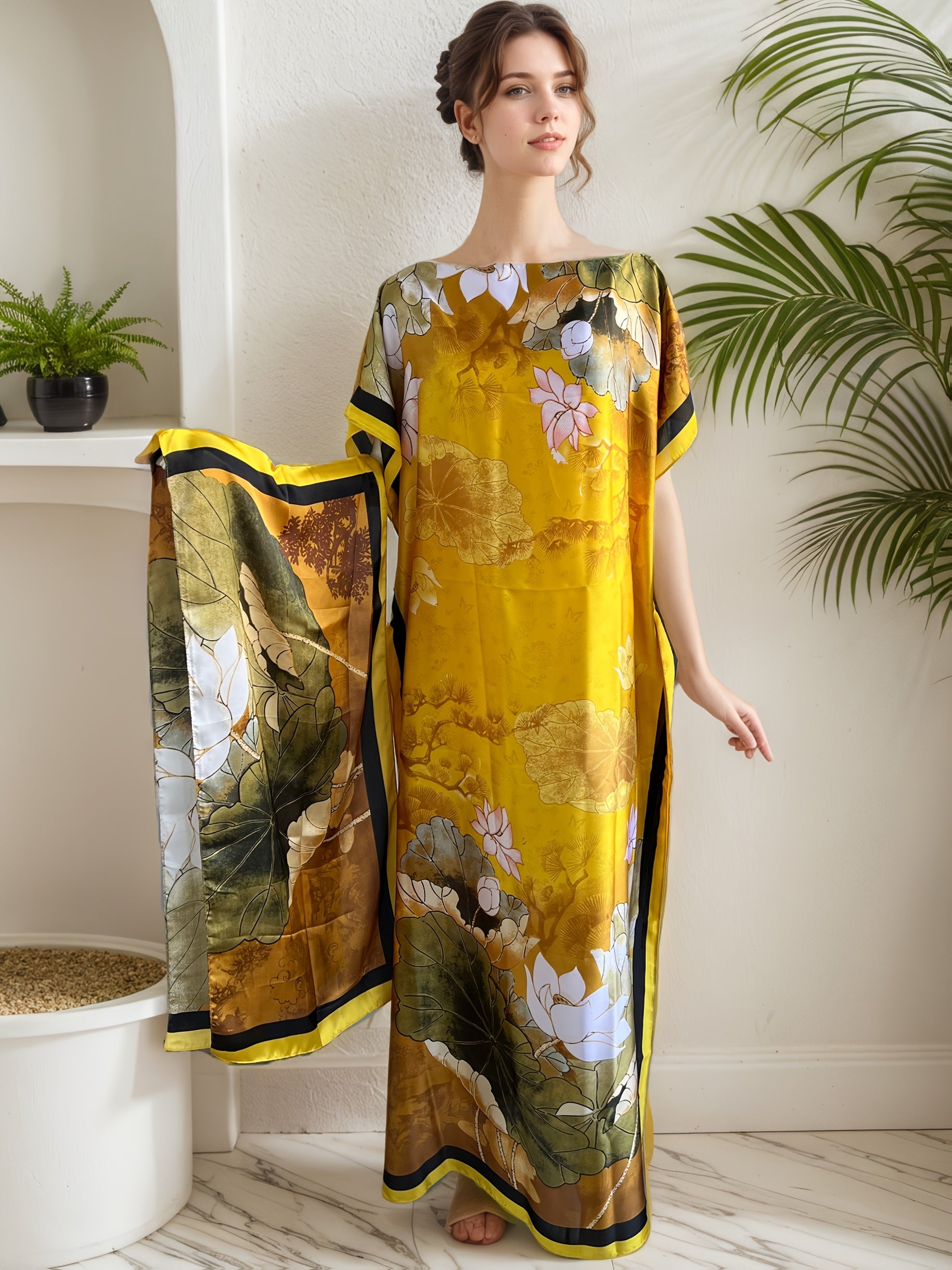 ayollar uchun katta o'lchamli gullar bilan bosilgan maxi kiyim sharf bilan, dumaloq bo'yin, batwing ko'krak qismlari