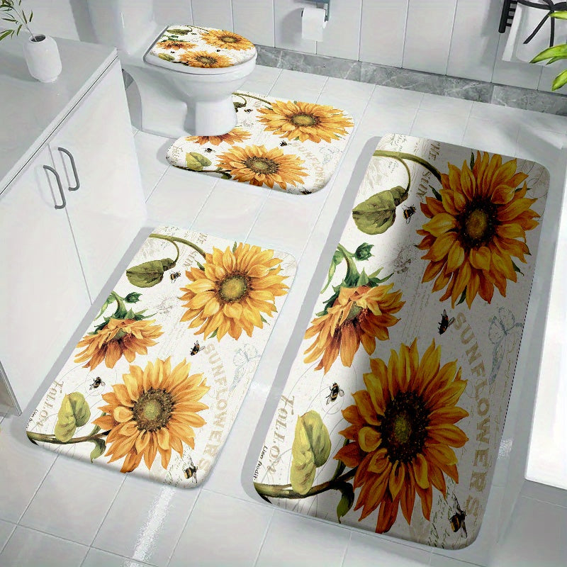 Juego de 4 alfombrillas de baño de terciopelo antideslizantes con patrones de hoja, flor, ola y madera, incluyendo alfombra y funda para inodoro