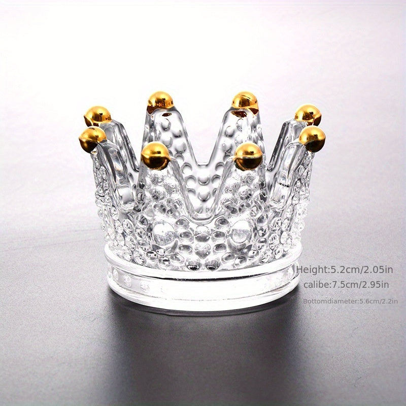 Unisex Crystal Glass Ashtray Octagonal Crown-Shaped Gold Accents