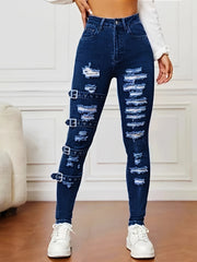 Women's High-Waisted Ripped Skinny Denim Jeans with Stretch Fabric for All Seasons