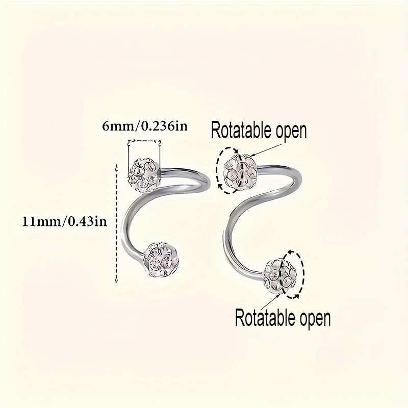 Sterling Silver and Stainless Steel Spiral Ball Earrings with Rhinestone Inlay for Daily Wear