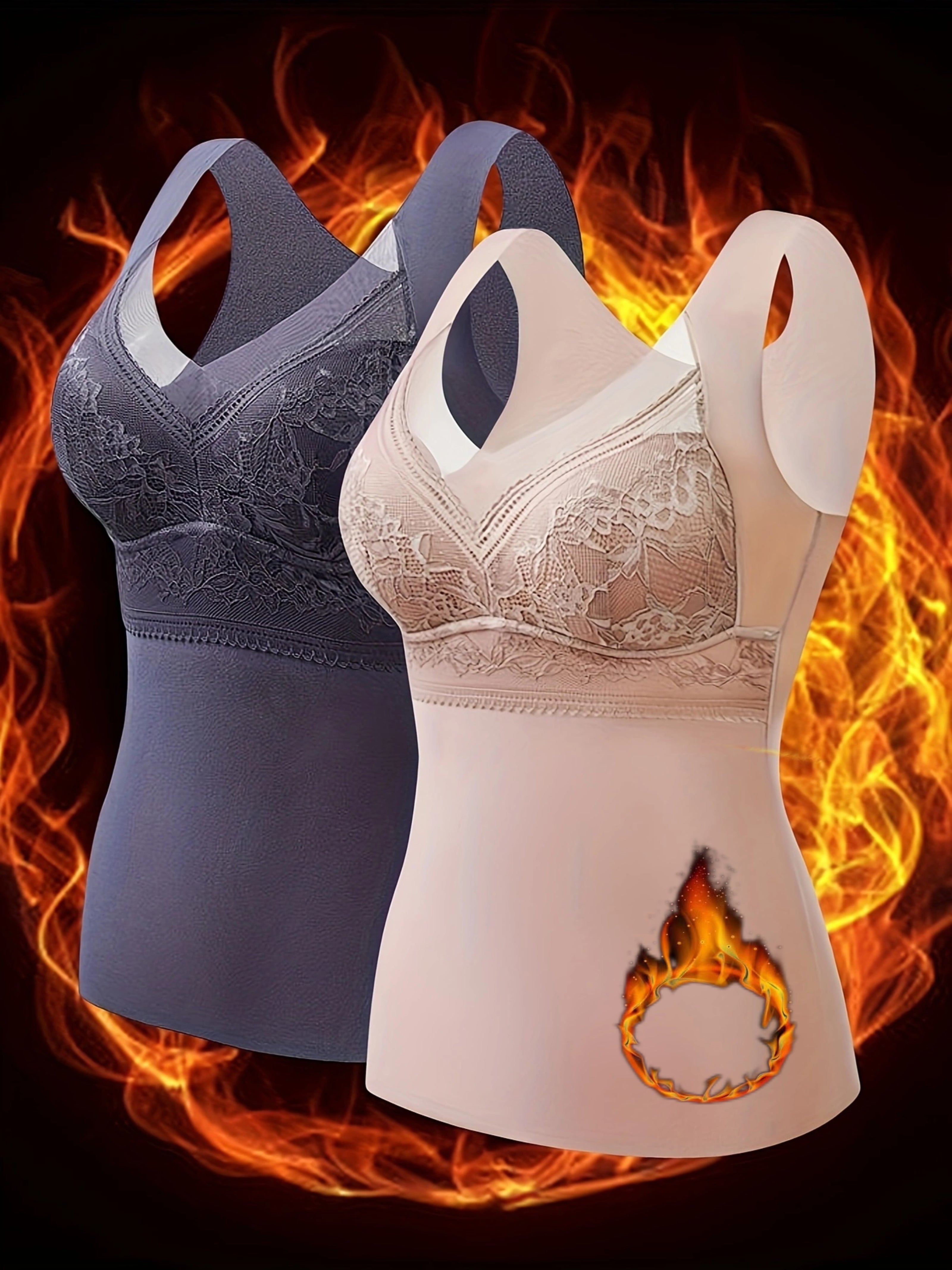 Women's Thermal Velvet Camisoles 2-Pack with Built-in Bra Lace V-Neck Fleece Lined Black Beige