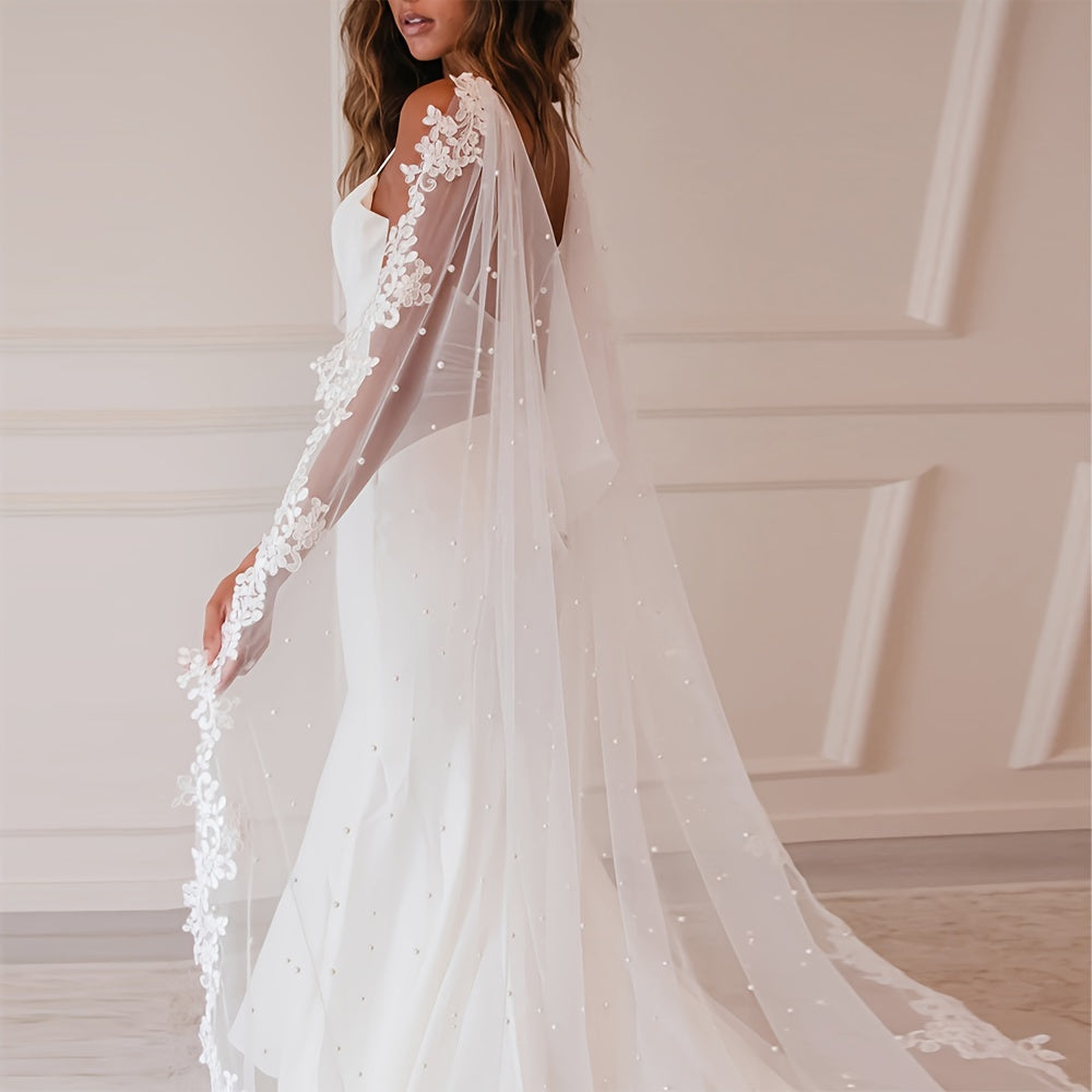 Lace Bridal Shawl Cape with Faux Pearl Decoration for Wedding Brides