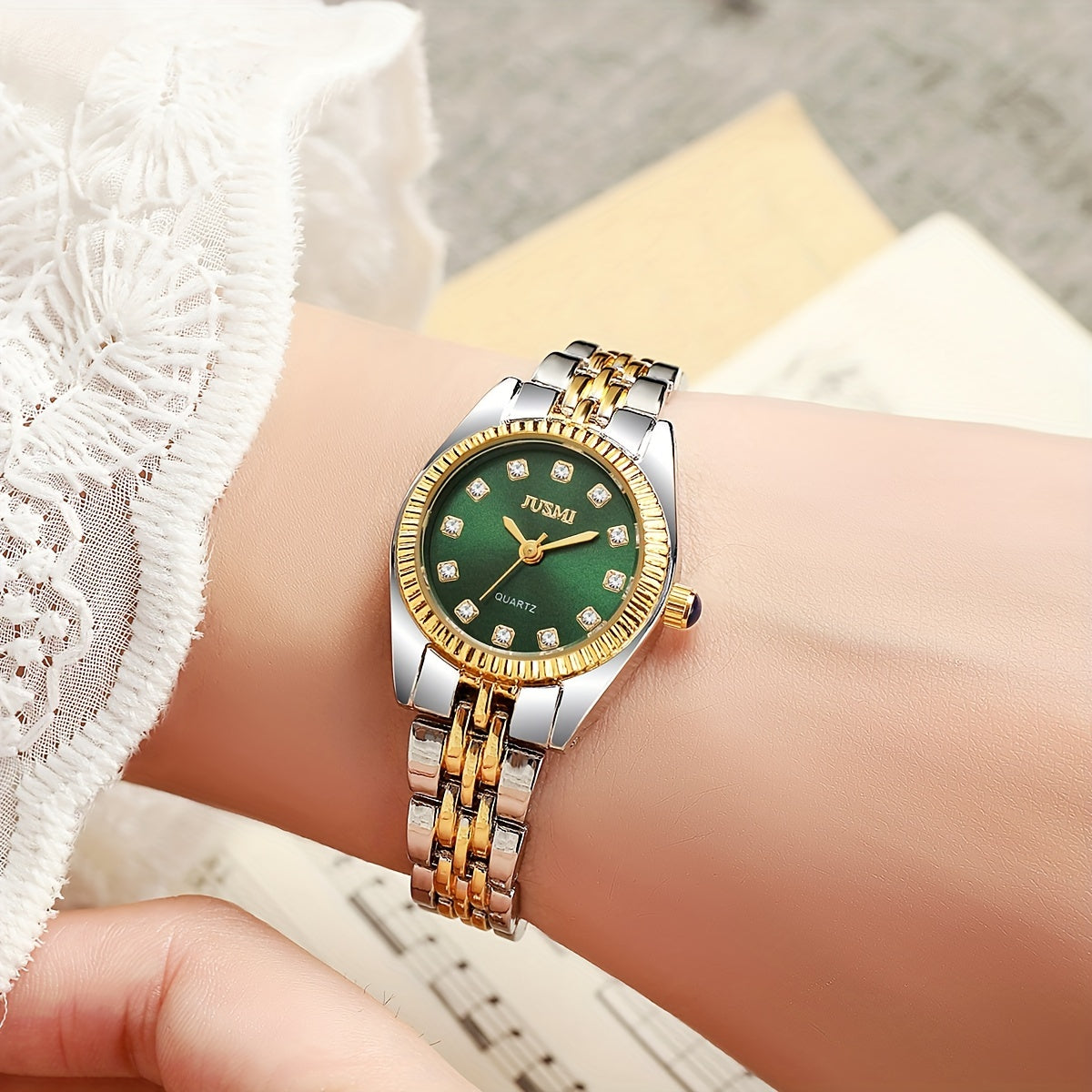 Ladies' Quartz Watch with Aurora Shell Dial Crystal Hour Markers Two-Tone Zinc Alloy Band
