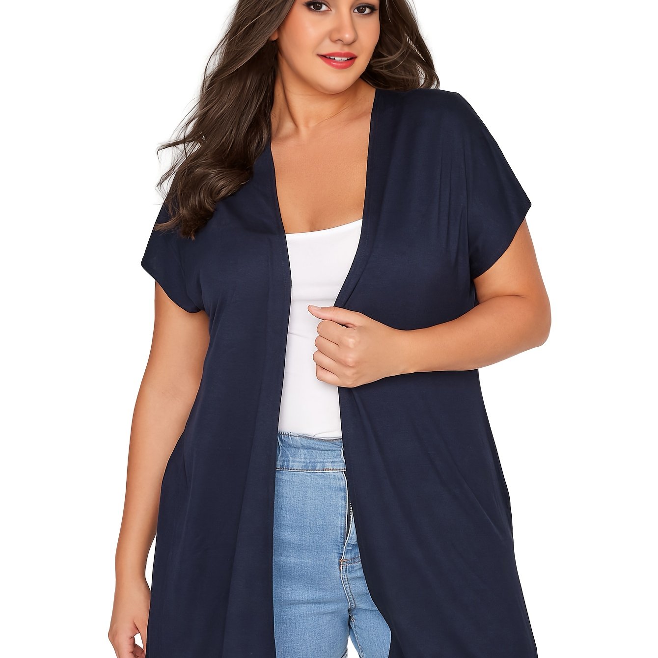 Plus Size Women's Loose Casual Cardigan with Side Splits and Grown-On Sleeve