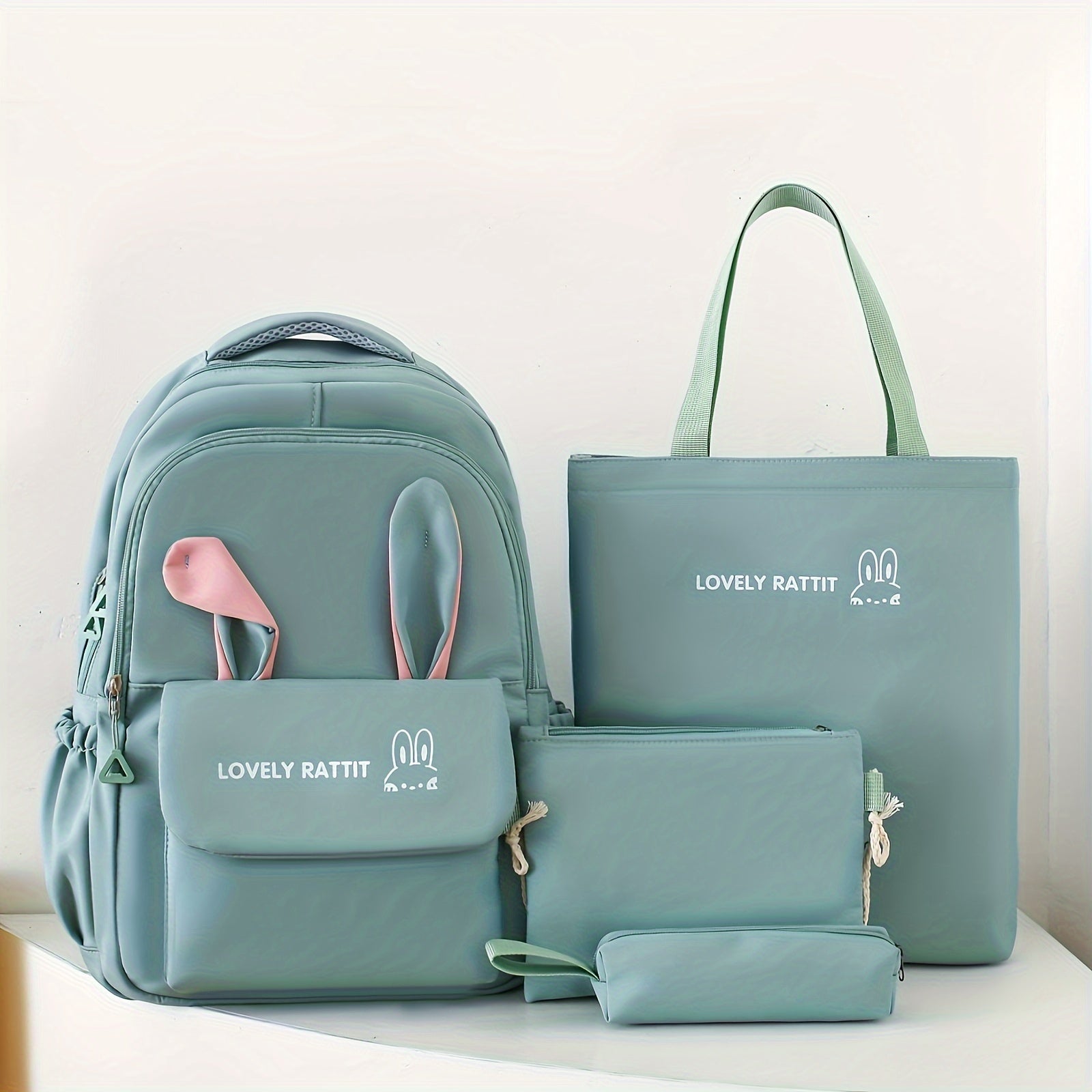 Women's Nylon Backpack Set with Cartoon Ears, Large Capacity, Zipper Closure