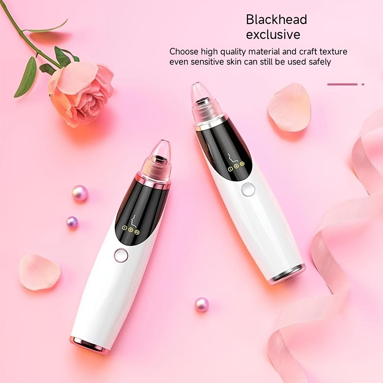 USB Rechargeable Blackhead Remover with Rose Gold Accents Multiple Heads Gentle and Fast Modes