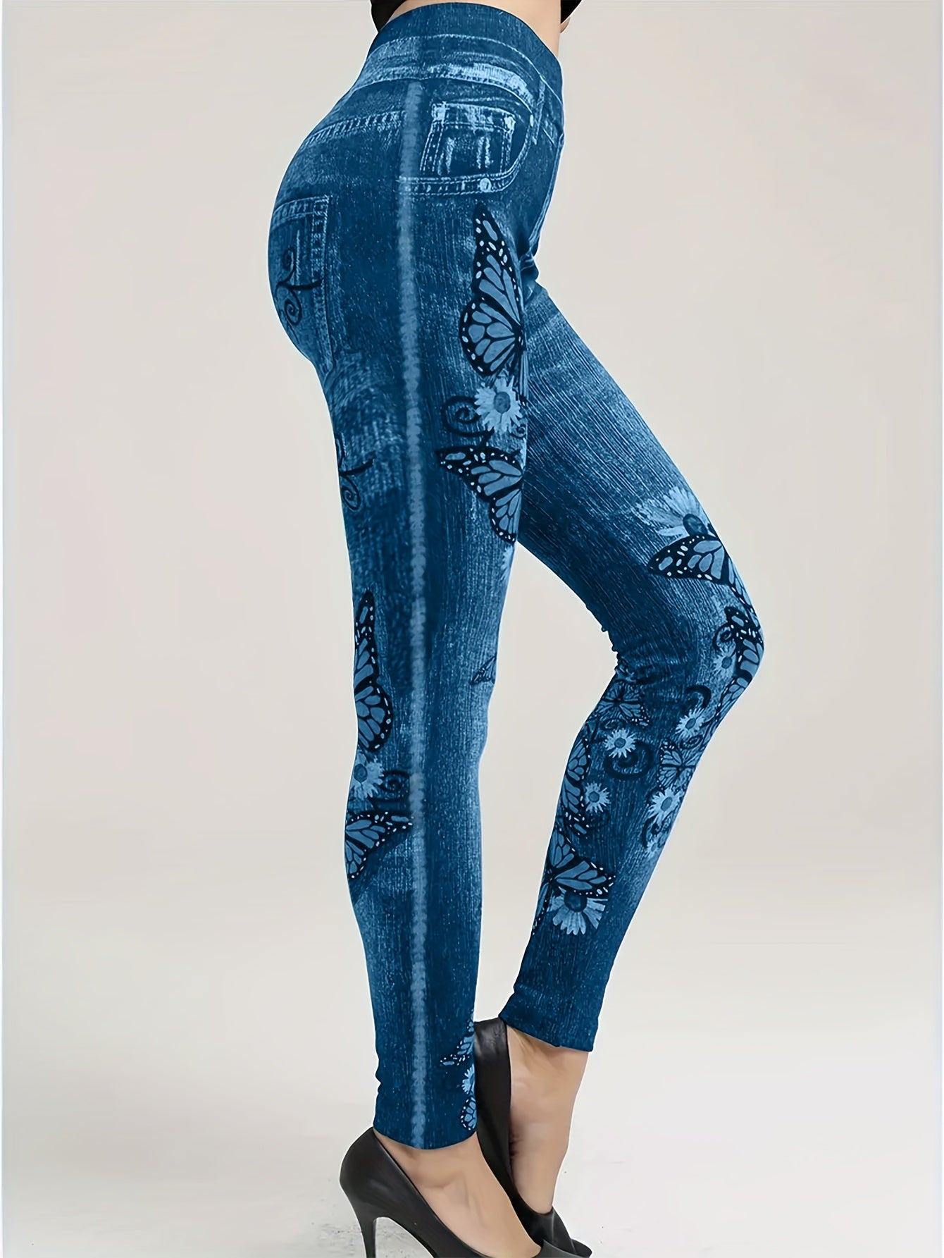 Women's Plus Size Faux Denim Leggings with Floral Print Casual Stretch