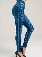 Women's Plus Size Faux Denim Leggings with Floral Print Casual Stretch