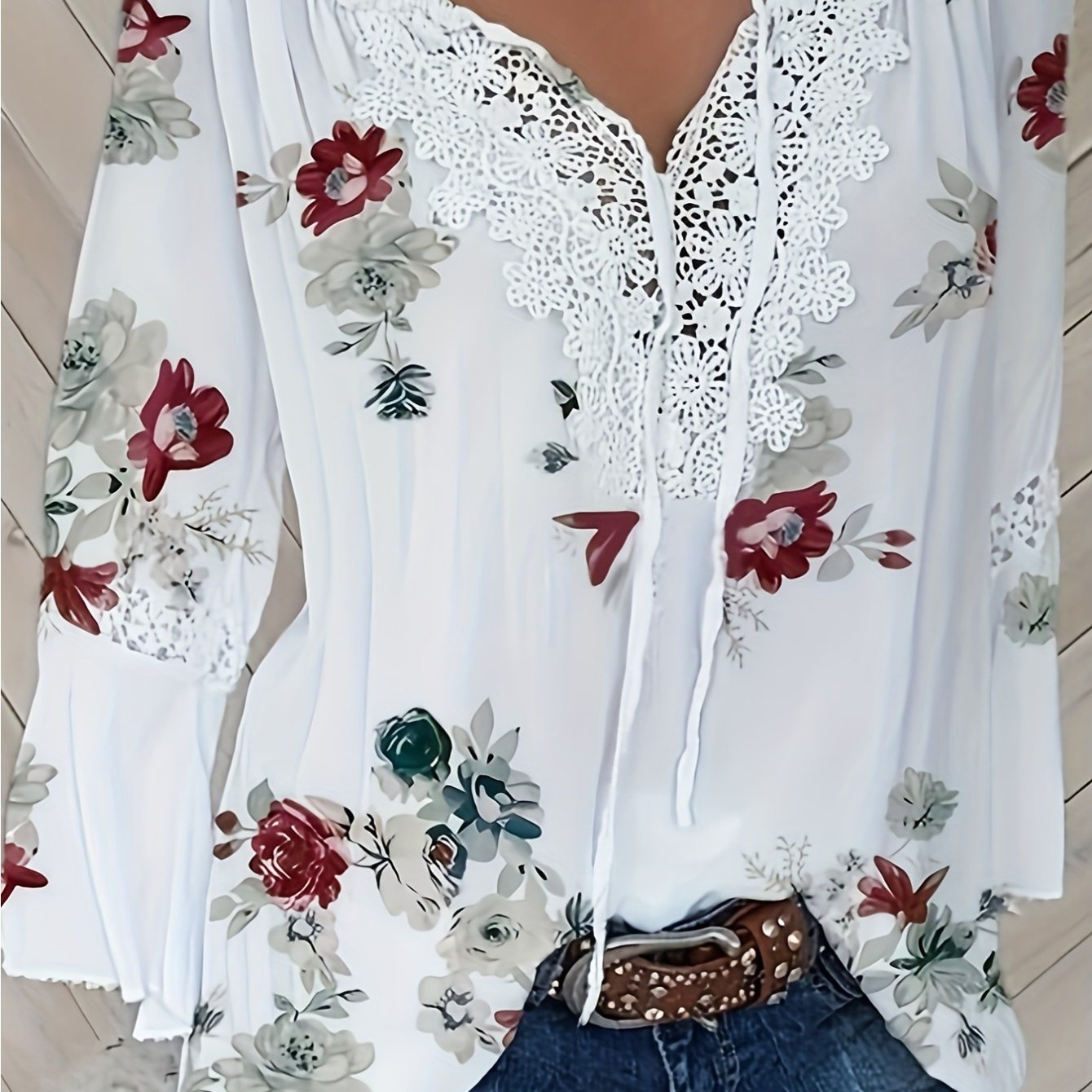Plus Size Floral Print Blouse Lace Ruffle Neck Casual Top