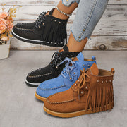 Women's Nubuck Velvet Ankle Boots with Tassel Trim Non-Slip Warm Flats