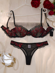Black and Red Lace Lingerie Set Unlined Bra and Panties Breathable Thin Fabric