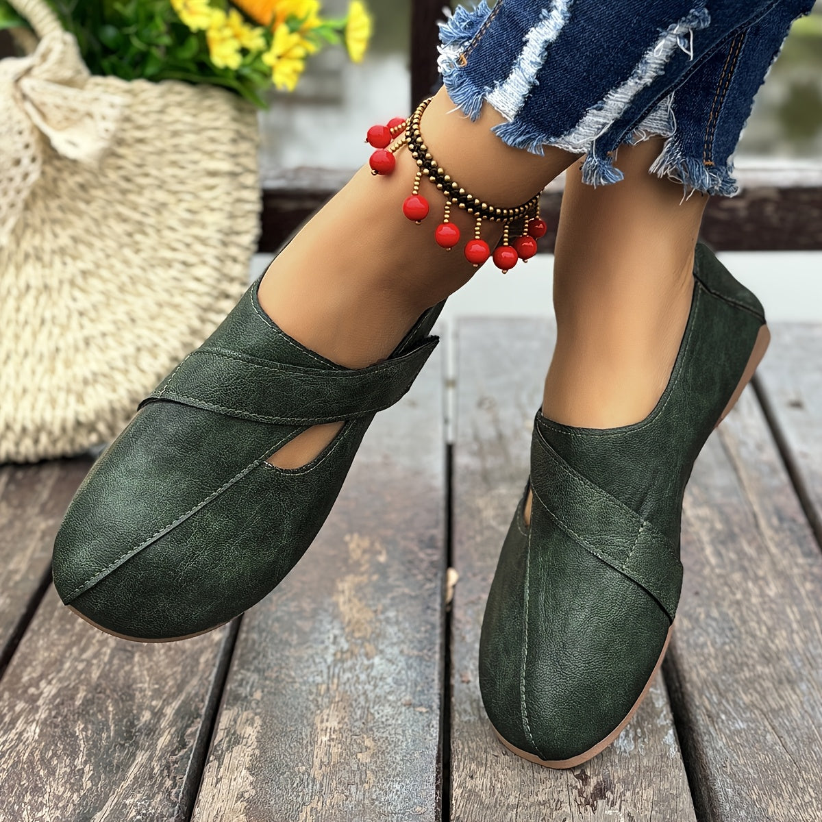 Women's Retro-Style Comfort Flats with Hook-and-Loop Fastener in Green