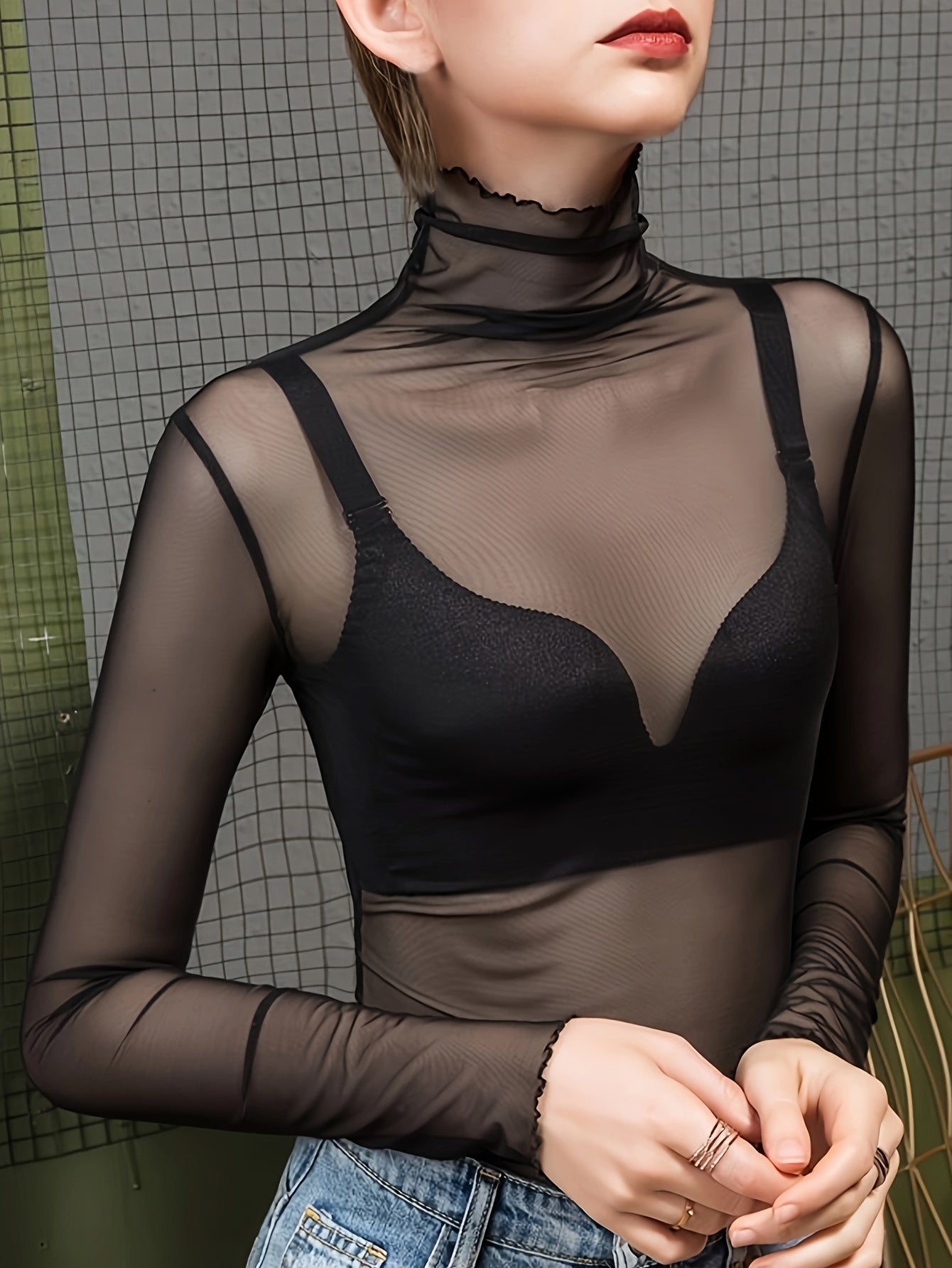 Women's Mesh Lounge Top with High Neck and Lettuce Trim Solid Color