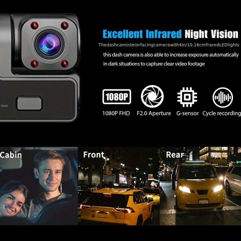 Triple Camera Car Dash Camera 1080P Night Vision 5.08cm IPS Screen