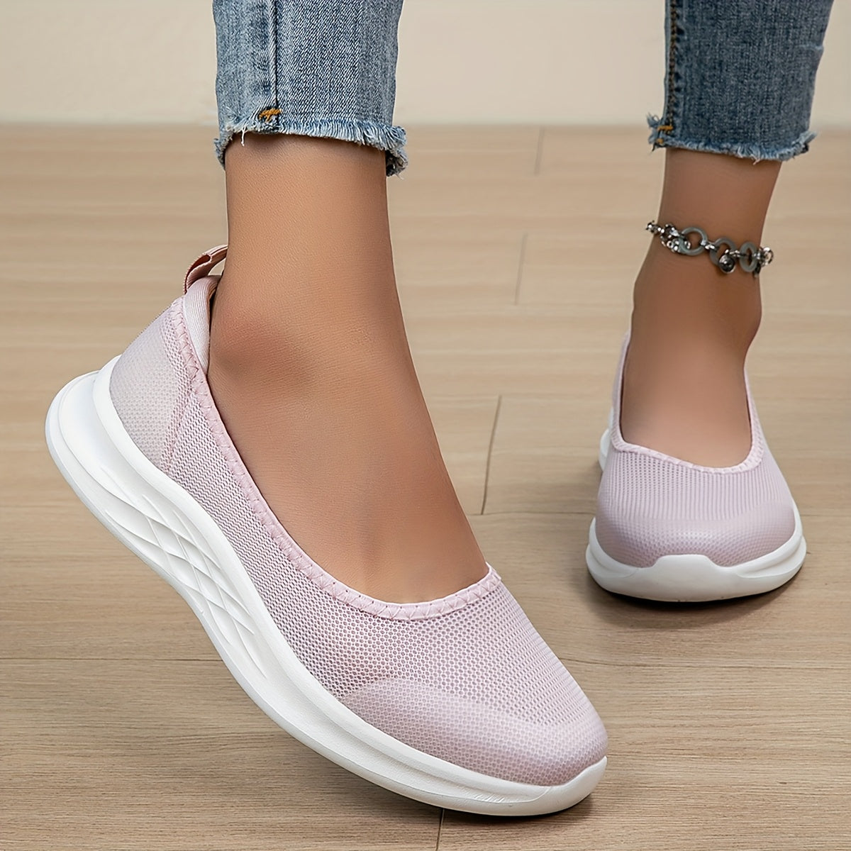 Women's Slip-On Loafers Breathable Mesh Casual Shoes Light Pink White