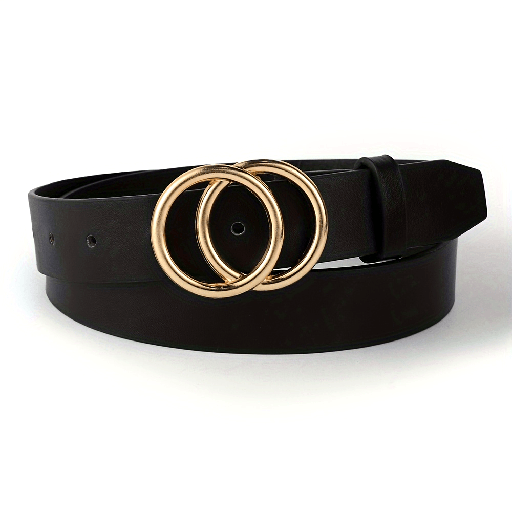 Women's Black PU Leather Belt with Double Circle Buckle for Casual Jeans