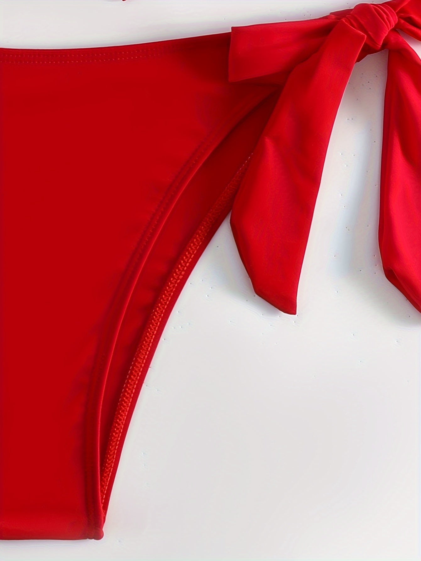 Red Solid Color Bikini Set with Lace Up Halter Neck and High Stretch Fabric