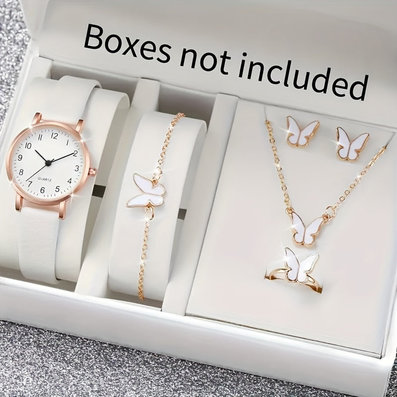 Women's Quartz Watch with PU Leather Band and Butterfly Jewelry Set, Stylish Round Alloy Case
