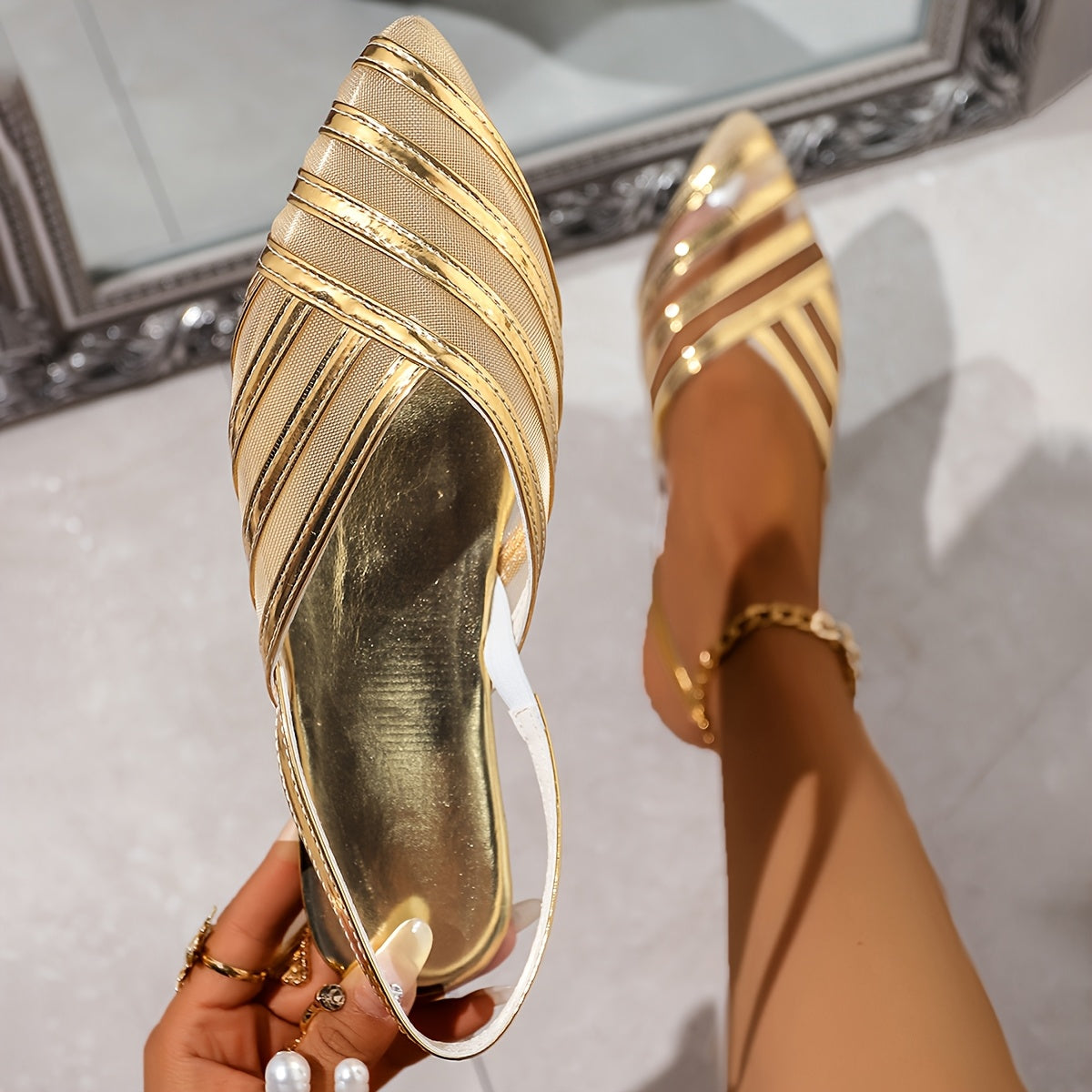 Women's Golden Mesh Patchwork Flat Sandals with Laser Stripes