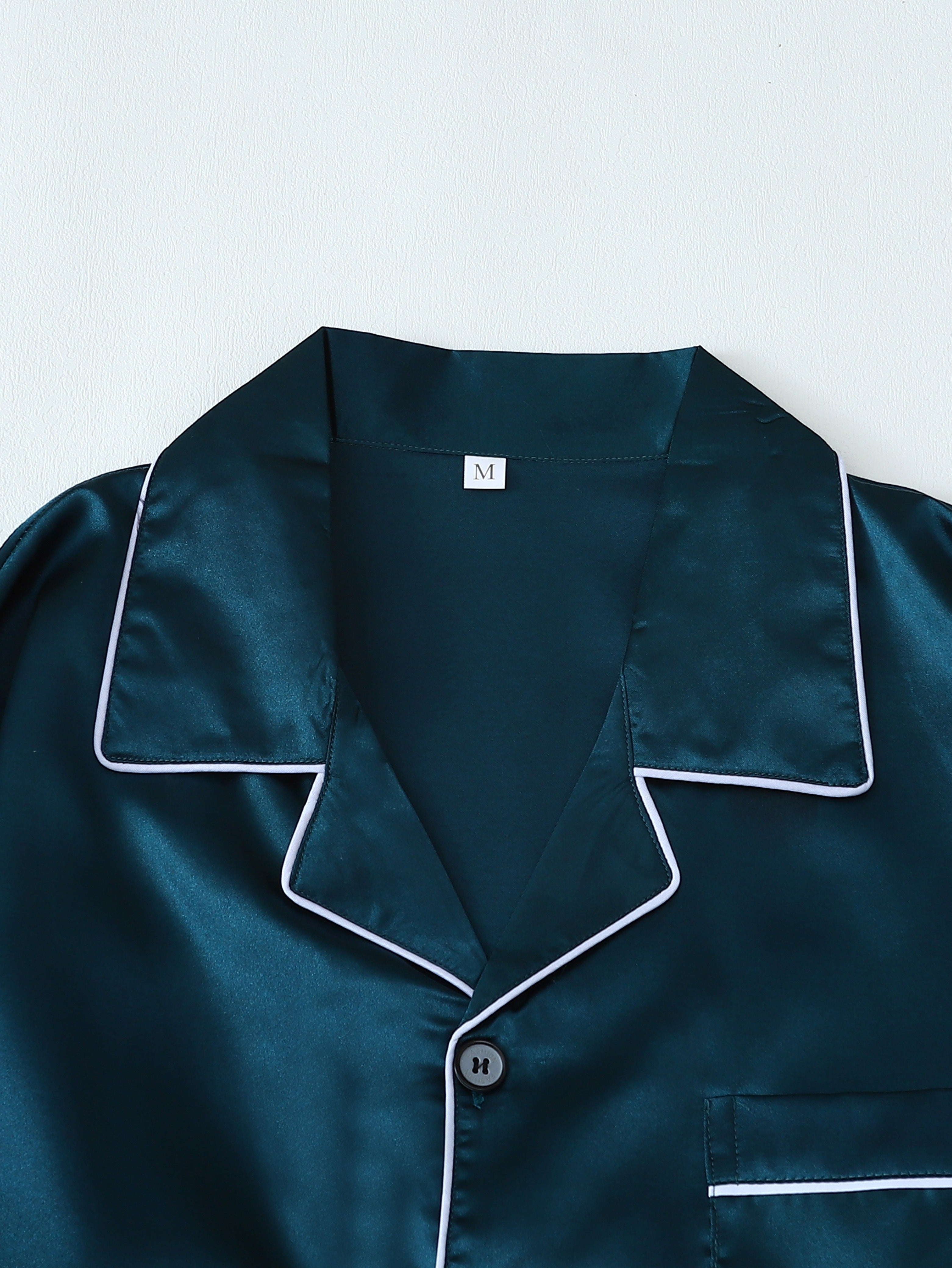 Conjunto de pijama de satén para hombre, manga larga, de color sólido, casual, con botones, para otoño e invierno