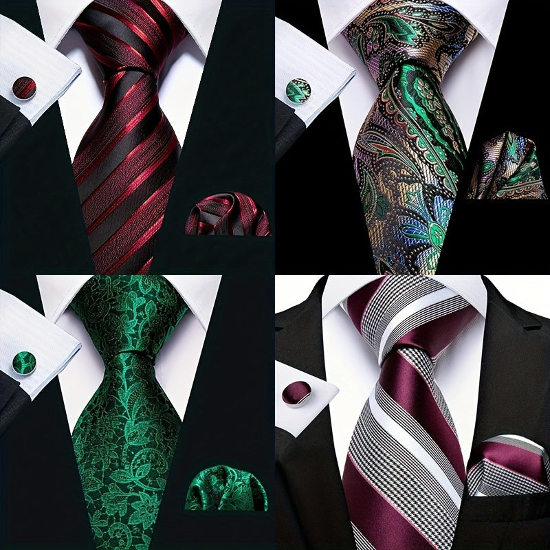 Men's Classic Striped Necktie Set with Handkerchief and Cufflinks for Business Parties