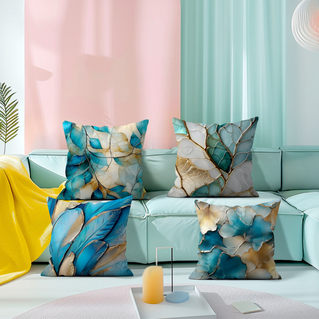 Набор из 4 наволочек на подушку с узором из бирюзовых листьев, 45x45 см, бархатная ткань, застежка-молния